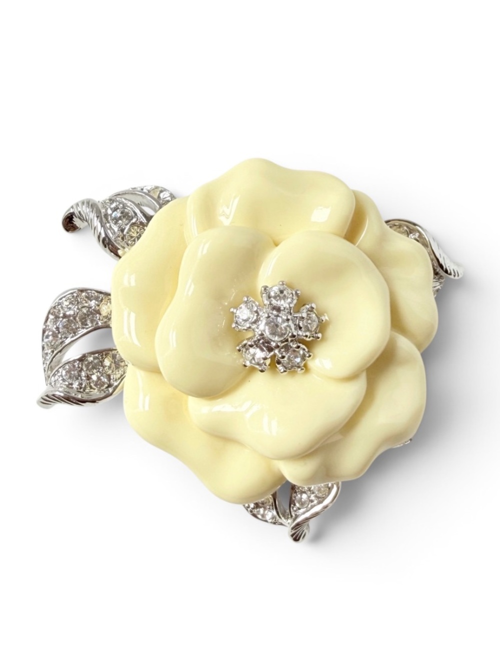 Nolan Miller Camellia Flower Cream Lucite Rhinestone Brooch Glamour Collection